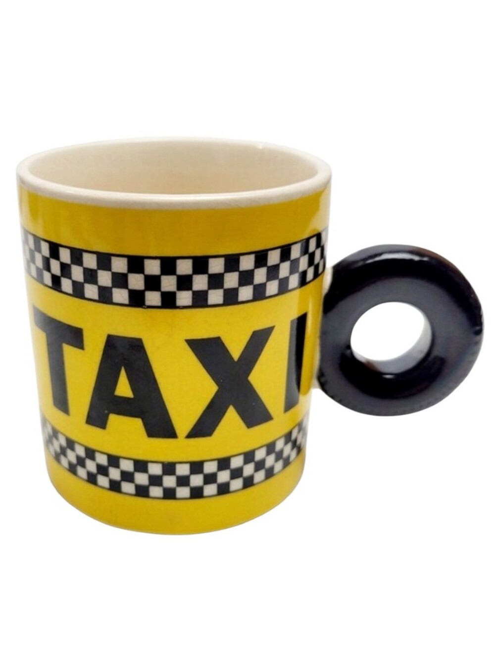 VTG 1979 Vandor Taxi Mug Tire Handle Yellow Checker Crazing No Chips